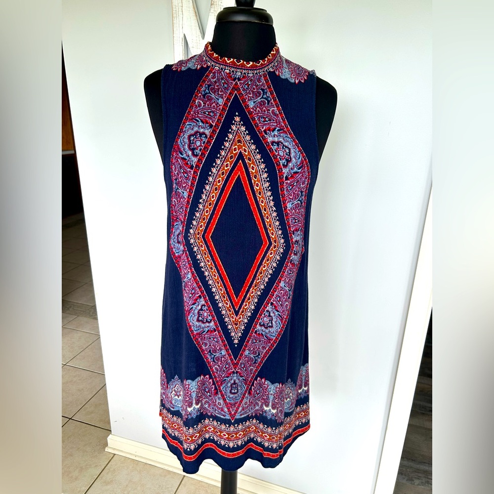 Blue and Red Sleeveless Halter Midi Dress